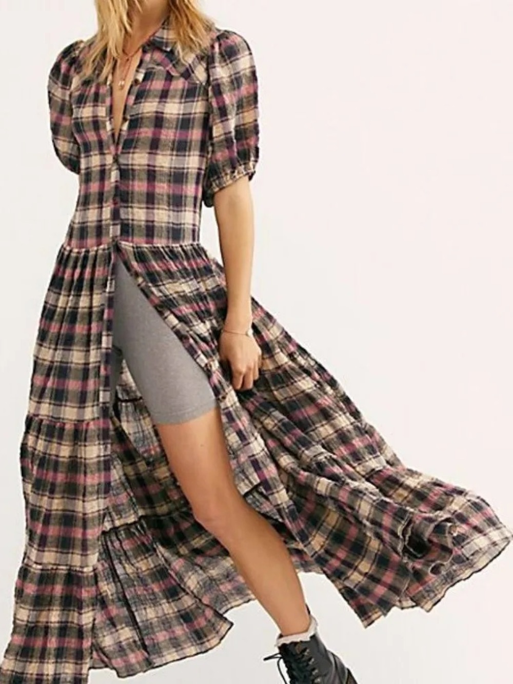Free People Little Bit of Plaid Button-Front Maxi Dress in Pink and Black